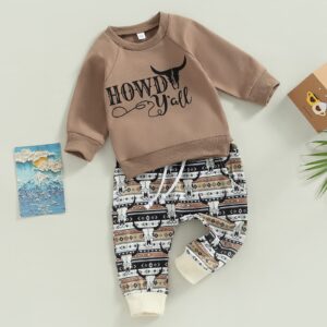 2Pcs Toddler Baby Boy Western Clothes Cow Print Long Sleeve Pullover Sweatshirt Tops+Jogger Pants Fall Winter Outfits (Coffee, 0-6 Months)