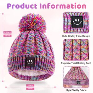 Baby Beanie Hat 3 Packs with Cute Smiley Face, Baby Winter Hat Fleece Lined,Toddler Beanie with Pom Pom for Girls Boys Rainbow Mix & Black Mix & Purple Mix