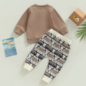 2Pcs Toddler Baby Boy Western Clothes Cow Print Long Sleeve Pullover Sweatshirt Tops+Jogger Pants Fall Winter Outfits (Coffee, 0-6 Months)