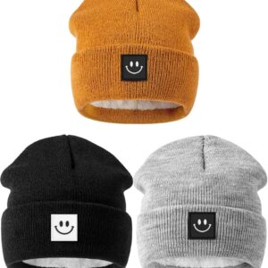 Hispeka Baby Beanie Hat 3 Packs with Cute Smiley Face, Toddler Girls Boys Baby Hats Winter, Kids Winter Hat Cold Weather Camel & Black & Light Grey