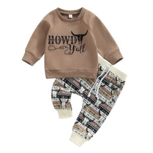 2pcs toddler baby boy western clothes cow print long sleeve pullover sweatshirt tops+jogger pants fall winter outfits (coffee, 0-6 months)