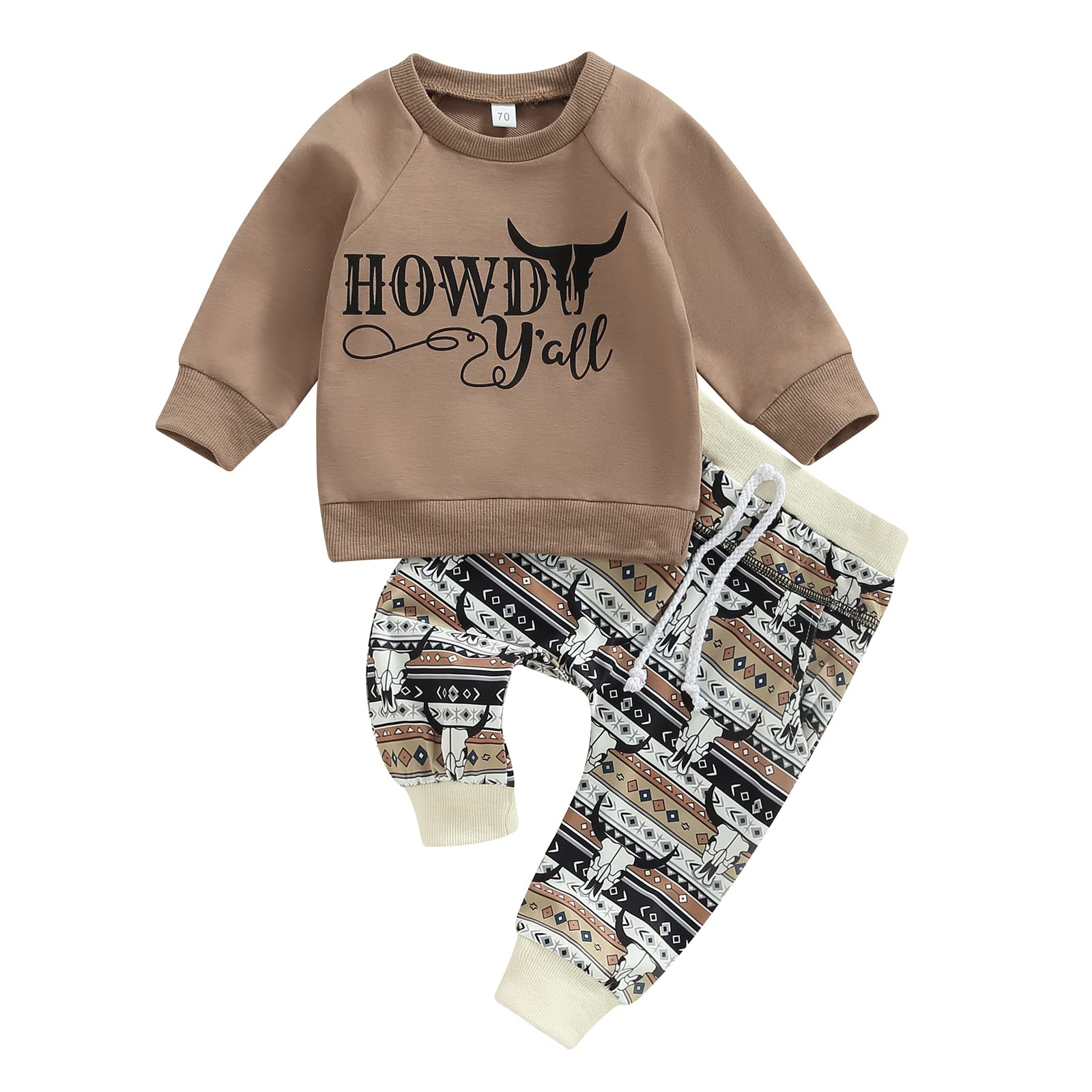 2Pcs Toddler Baby Boy Western Clothes Cow Print Long Sleeve Pullover Sweatshirt Tops+Jogger Pants Fall Winter Outfits (Coffee, 0-6 Months)