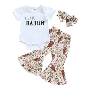 lamuusaa western baby girl clothes short sleeve romper cow print flared pants bell bottoms headband 3pcs summer outfit (white, 0-3 months)