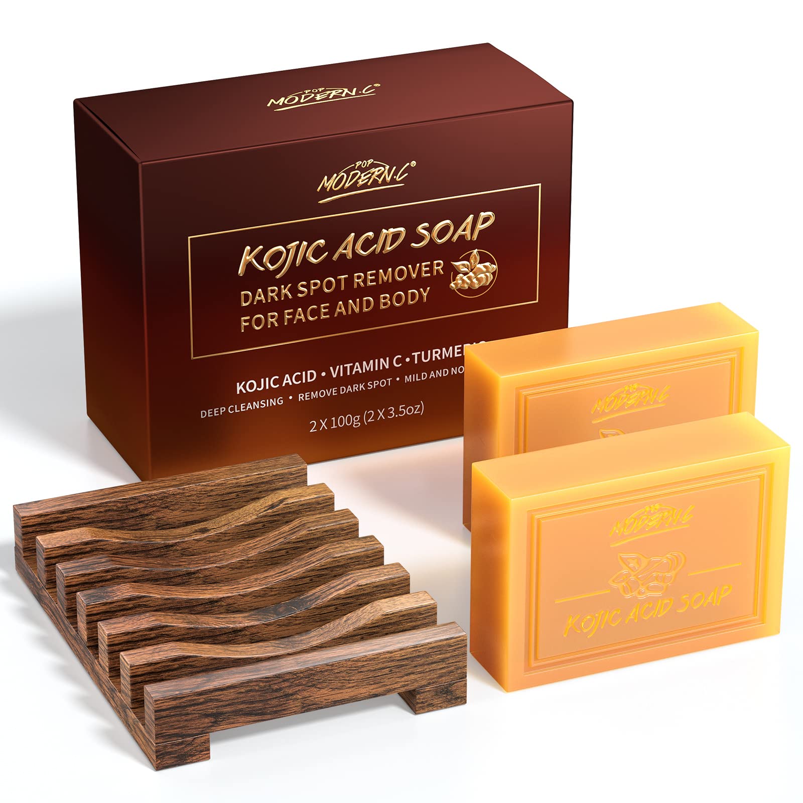 POP MODERN.C Kojic Acid Soap Turmeric Soap for Face and Body Vitamins C Soap for Acne Blackheads Christmas Gifts 2x100g Soaps 1pc Mesh Soap Pouch and Wooden Soap Holder