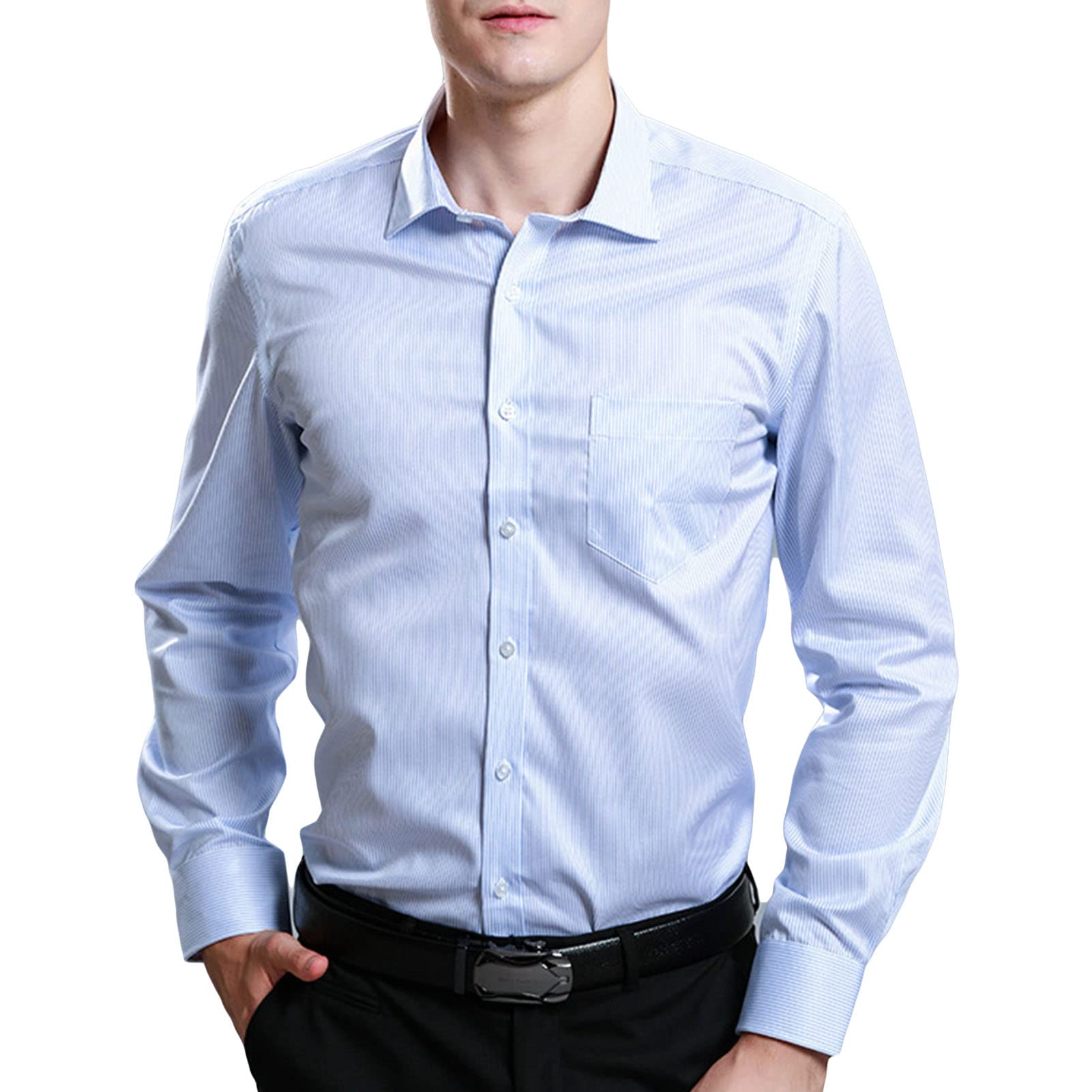 Men's Long Sleeve Button Down Shirts Solid Cotton Lightweight Slim Fit Shirts Classic Stylish Business Dress Shirt (Light Blue,Medium)