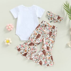 Lamuusaa Western Baby Girl Clothes Short Sleeve Romper Cow Print Flared Pants Bell Bottoms Headband 3Pcs Summer Outfit (White, 0-3 Months)