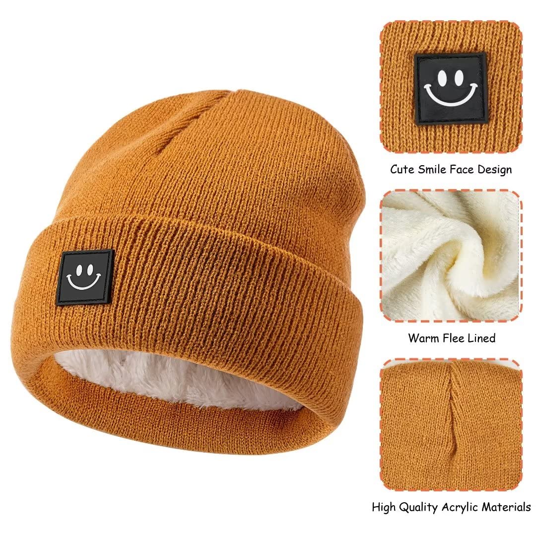 Hispeka Baby Beanie Hat 3 Packs with Cute Smiley Face, Toddler Girls Boys Baby Hats Winter, Kids Winter Hat Cold Weather Camel & Black & Light Grey