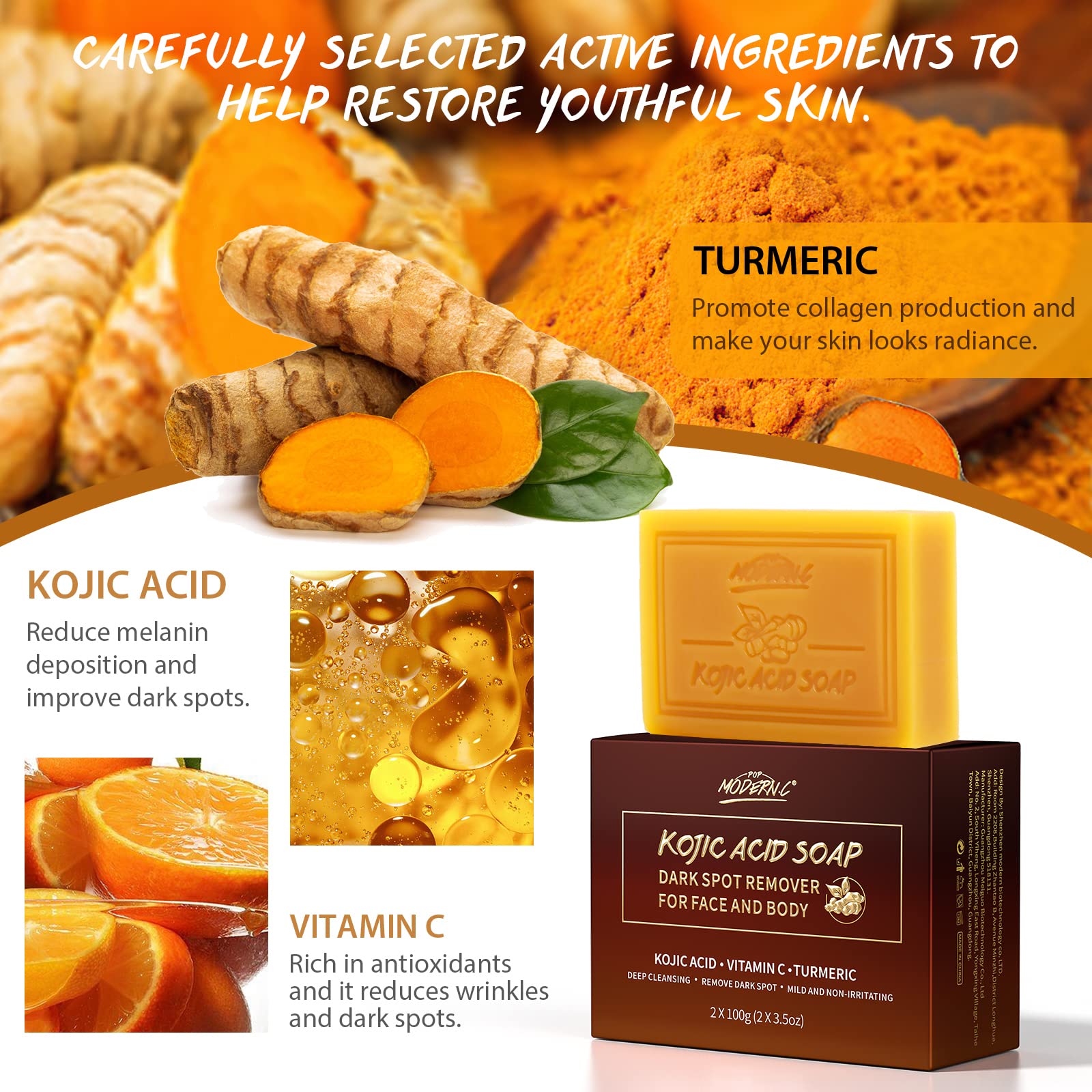 POP MODERN.C Kojic Acid Soap Turmeric Soap for Face and Body Vitamins C Soap for Acne Blackheads Christmas Gifts 2x100g Soaps 1pc Mesh Soap Pouch and Wooden Soap Holder