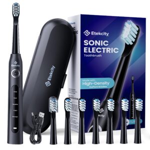 electric toothbrush for adults and kids, etekcity sonic rechargeable 2 minutes smart timer, 8 soft high-density brush heads with 5 modes & travel case, black