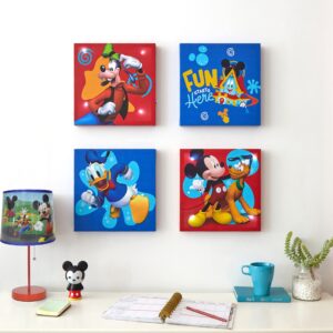 idea nuova disney mickey mouse 4 pack canvas led wall art set,childrens wall hanging décor,each piece 11"x11"