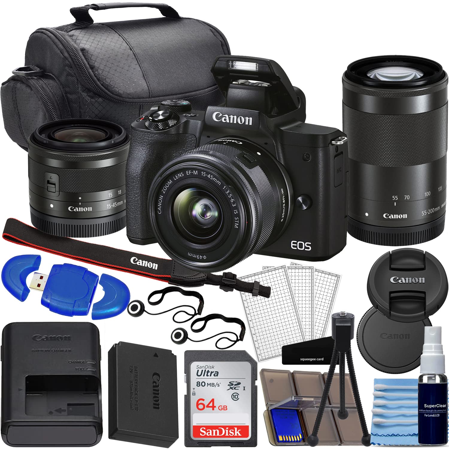 Camera EOS M50 Mark II Mirrorless Digital Camera with 15-45mm Lens Kit (Black) + EF-M 55-200mm Lens + 64GB Memory Card + Card Reader + Photo Bundle