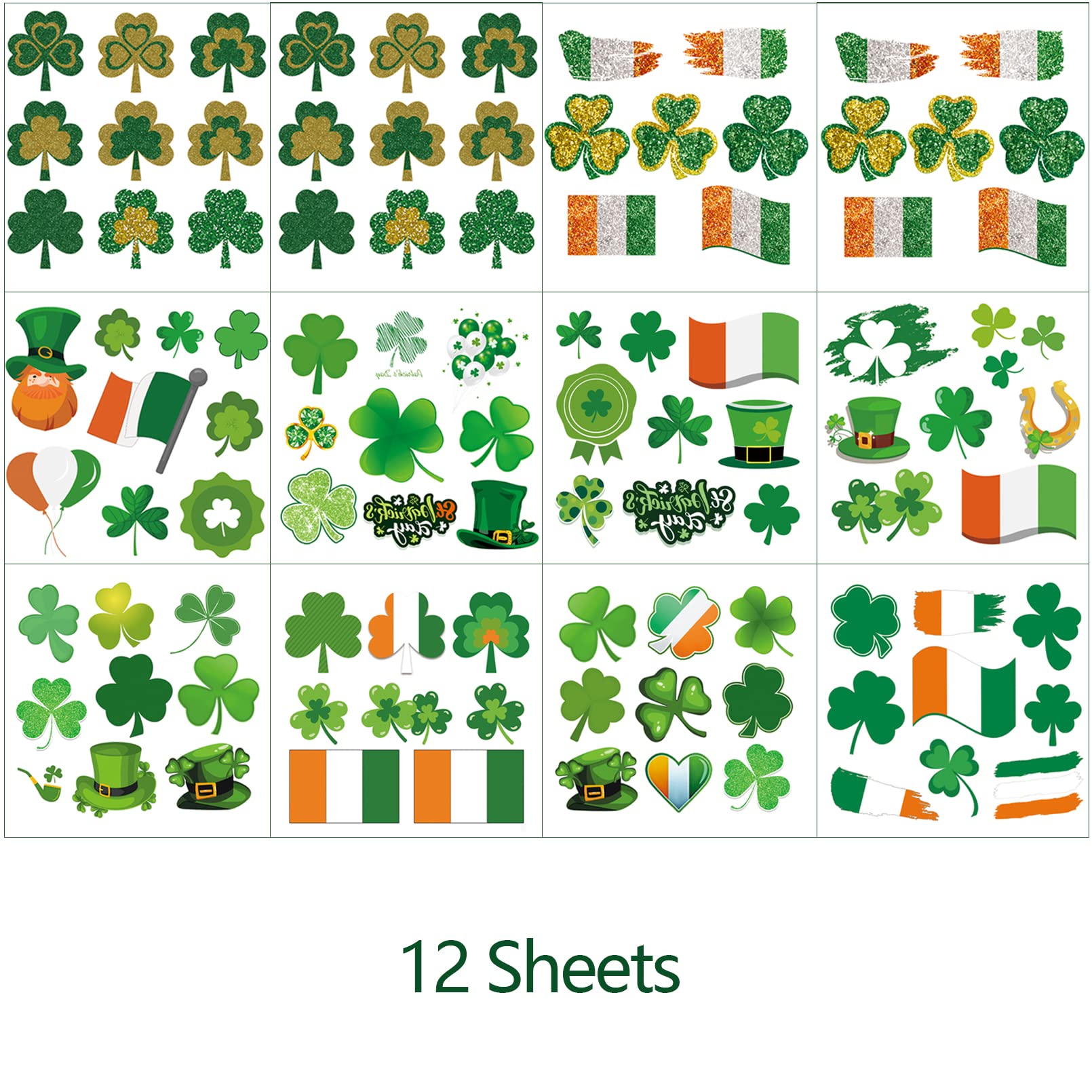 CUTELIILI St. Patrick's Day Temporary Tattoo 100+pcs, Party Favours Irish Flag Shamrock 12 Sheets Face Stickers For Audlts And Kids