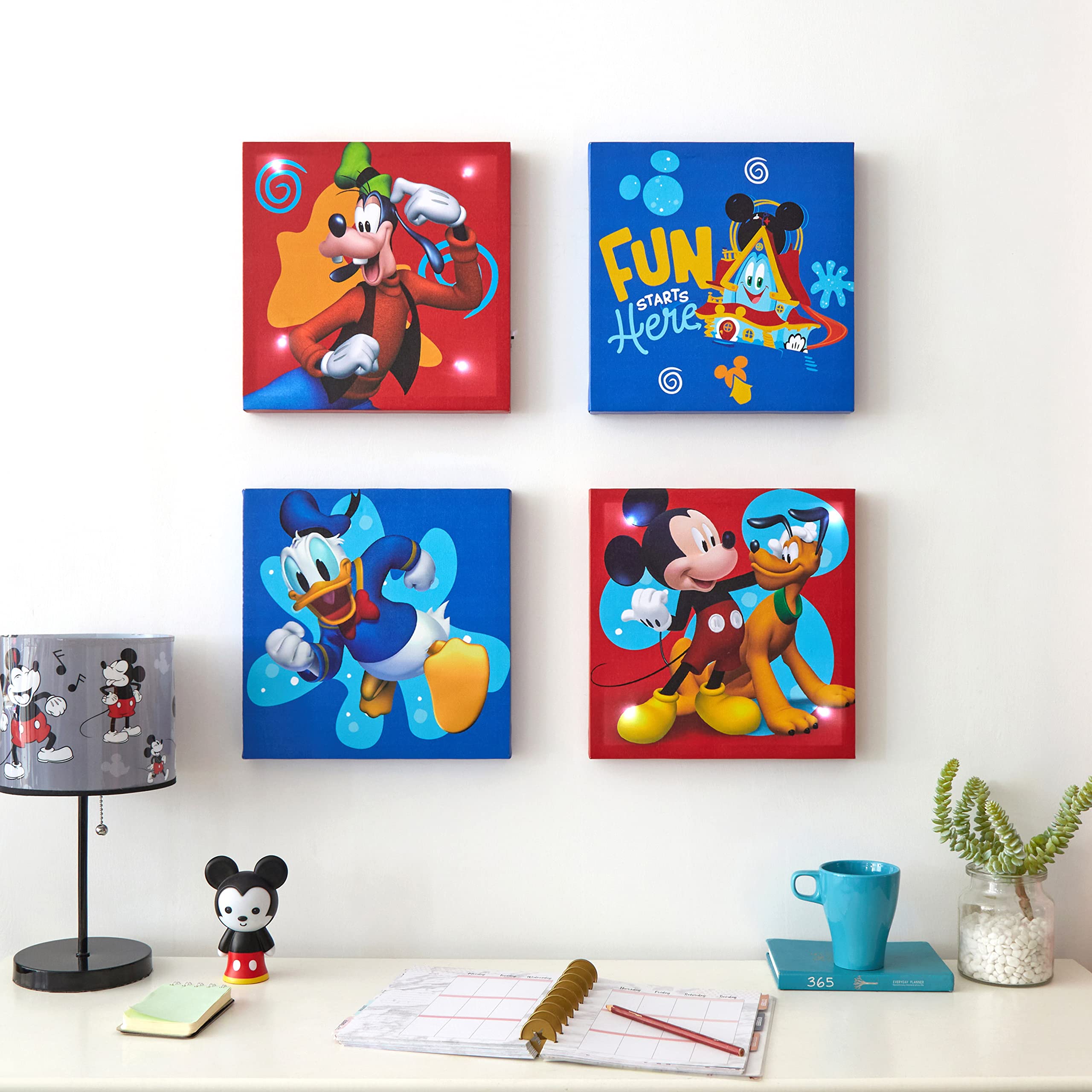 Idea Nuova Disney Mickey Mouse 4 Pack Canvas LED Wall Art Set,Childrens Wall Hanging Décor,Each Piece 11"x11"