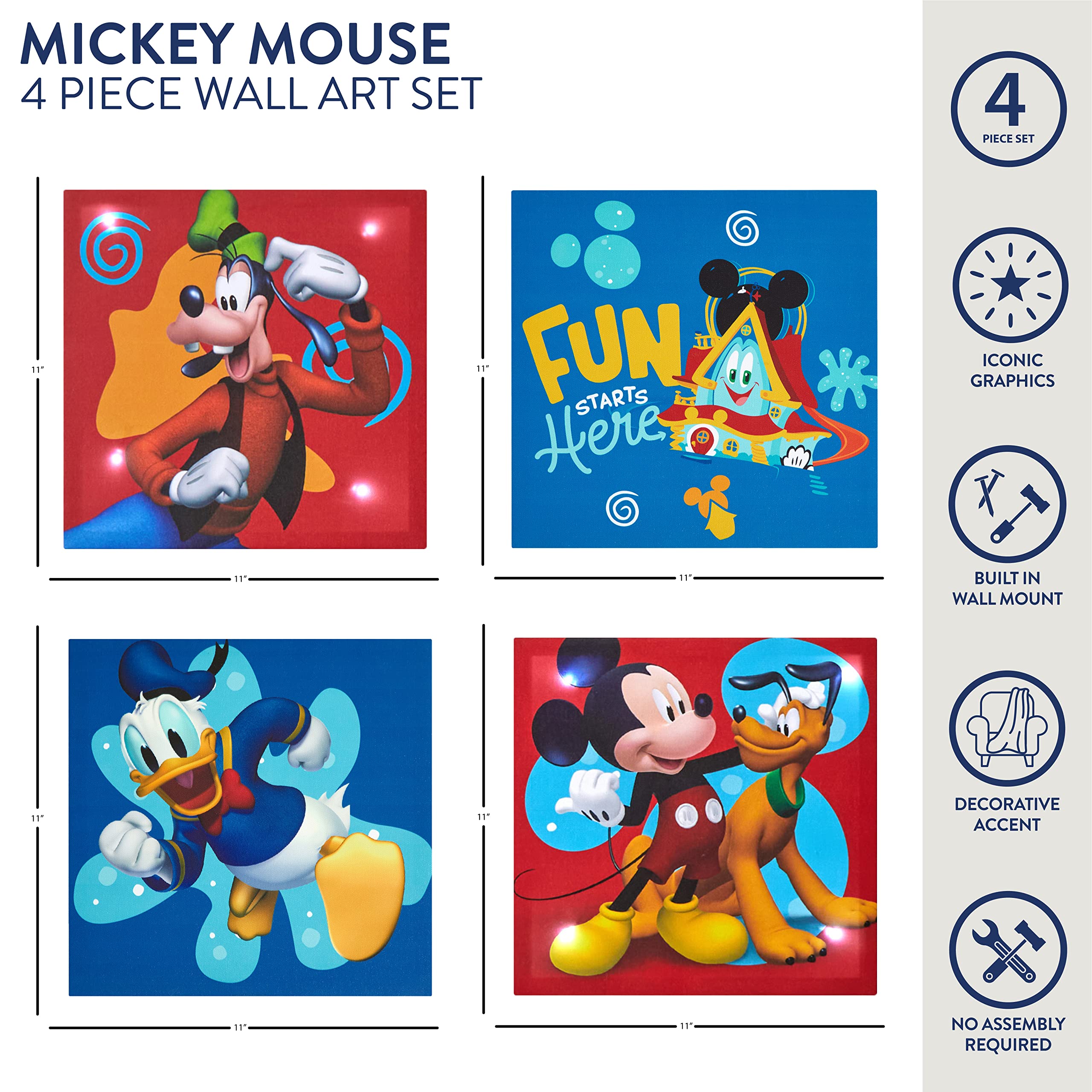 Idea Nuova Disney Mickey Mouse 4 Pack Canvas LED Wall Art Set,Childrens Wall Hanging Décor,Each Piece 11"x11"