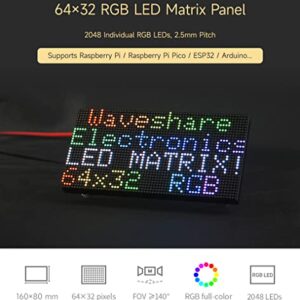 Waveshare RGB Full-Color LED Matrix Panel, 2.5mm Pitch, 64×32 Pixels, Adjustable Brightness, Compatible with Raspberry Pi 5/4B/3B/Zero/Zero W/Zero 2W/Pico/Pico W/Pico WH