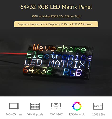 Waveshare RGB Full-Color LED Matrix Panel, 2.5mm Pitch, 64×32 Pixels, Adjustable Brightness, Compatible with Raspberry Pi 5/4B/3B/Zero/Zero W/Zero 2W/Pico/Pico W/Pico WH