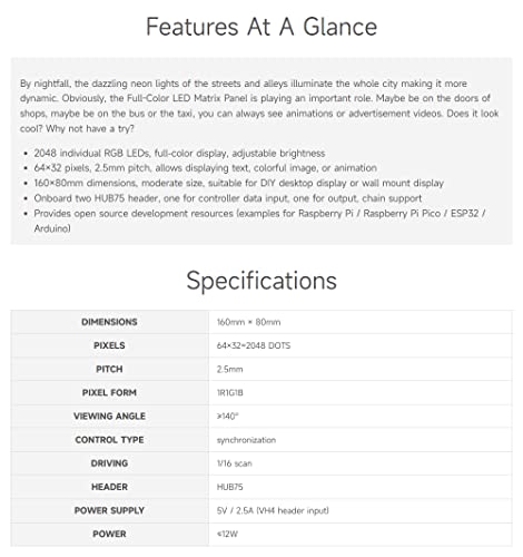 Waveshare RGB Full-Color LED Matrix Panel, 2.5mm Pitch, 64×32 Pixels, Adjustable Brightness, Compatible with Raspberry Pi 5/4B/3B/Zero/Zero W/Zero 2W/Pico/Pico W/Pico WH