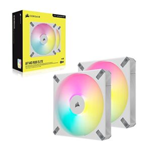 Corsair iCUE AF140 RGB Elite 140mm PWM Dual Fan Kit - Eight RGB LEDs Per Fan - AirGuide Technology - Fluid Dynamic Bearing - Zero RPM Fan Mode - Included iCUE Lighting Node CORE Controller - White