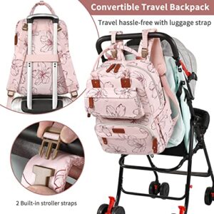 Legestori Floral Printed Diaper Backpack for Moms - Large Pink Bag with Insulated Pockets and Stroller Straps for Baby Girls