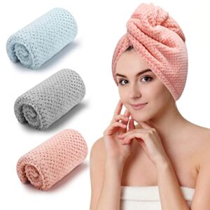 czzxi 3 pcs microfiber hair towel, hair wraps for women wet hair, fast drying hair turban, anti frizz head towels wrap for curly hair (grey, pink, blue)