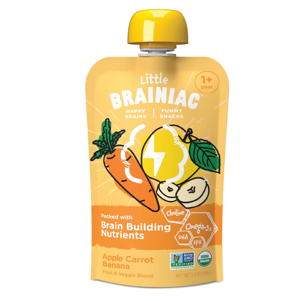 Little Brainiac Organic Fruit & Veggie Toddler Pouches, Apple, Carrot, Banana Puree with Omega-3s DHA/EPA and Choline, Clean Label, BPA-Free, Non-GMO, 3.5 oz, Pack of 12