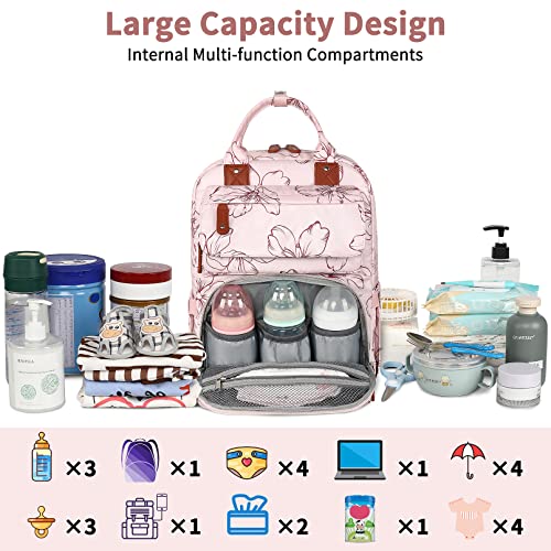 Legestori Floral Printed Diaper Backpack for Moms - Large Pink Bag with Insulated Pockets and Stroller Straps for Baby Girls