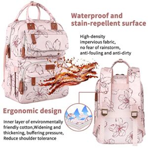 Legestori Floral Printed Diaper Backpack for Moms - Large Pink Bag with Insulated Pockets and Stroller Straps for Baby Girls