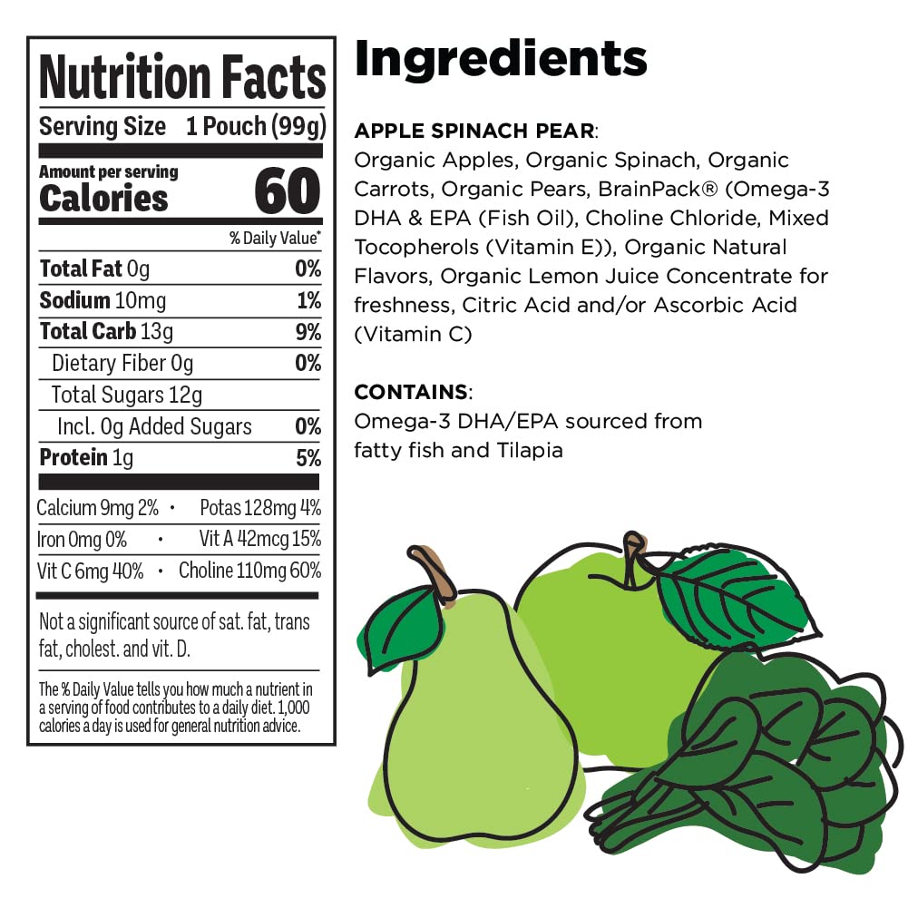 Little Brainiac Organic Fruit & Veggie Toddler Pouches, Apple, Spinach, Pear Puree with Omega-3s DHA/EPA and Choline, Clean Label, BPA-Free, Non-GMO, 3.5 oz, Pack of 12