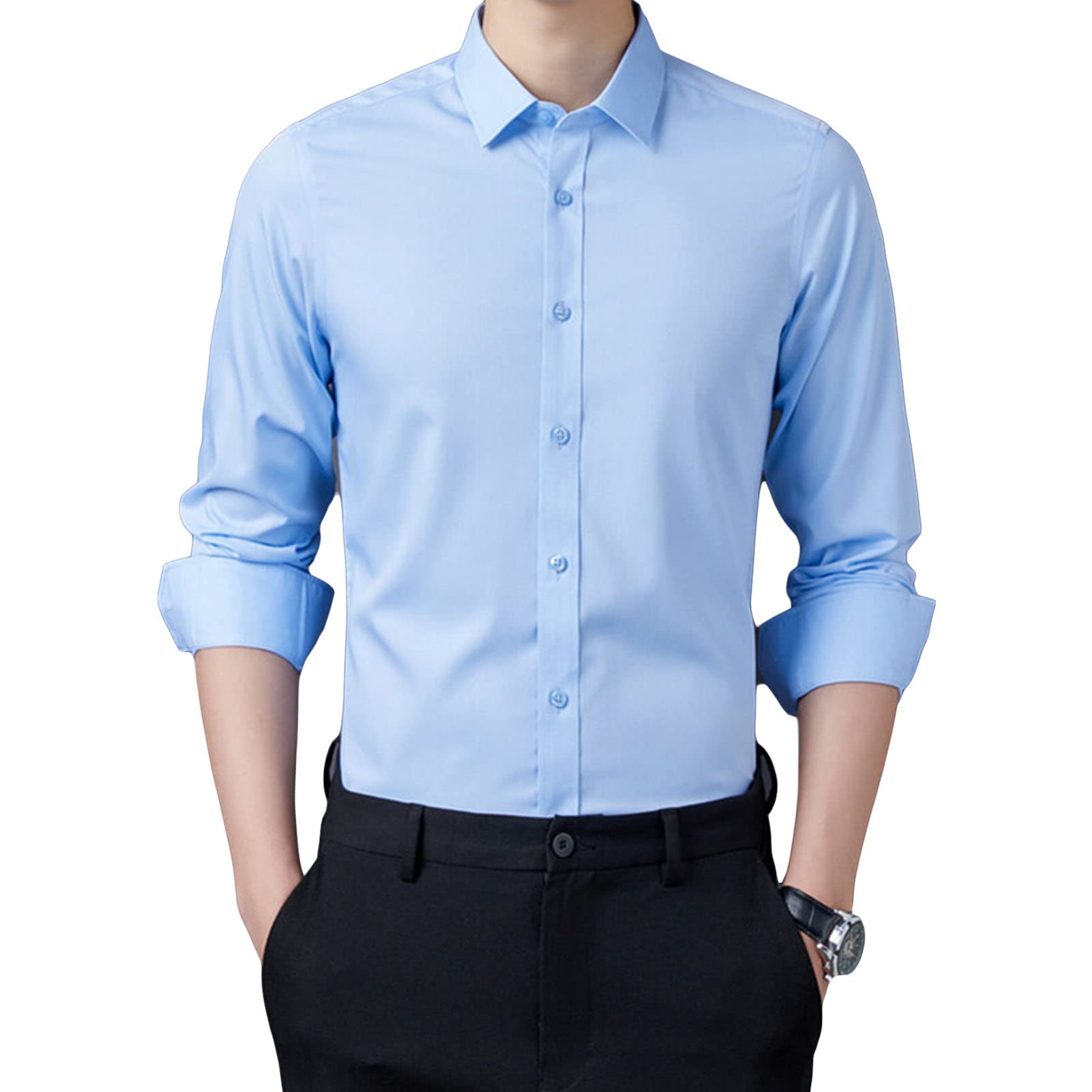 Mens Long Sleeve Button Down Shirts Solid Lightweight Slim Fit Shirts Classic Casual Stylish Business Dress Shirt (Light Blue,39)