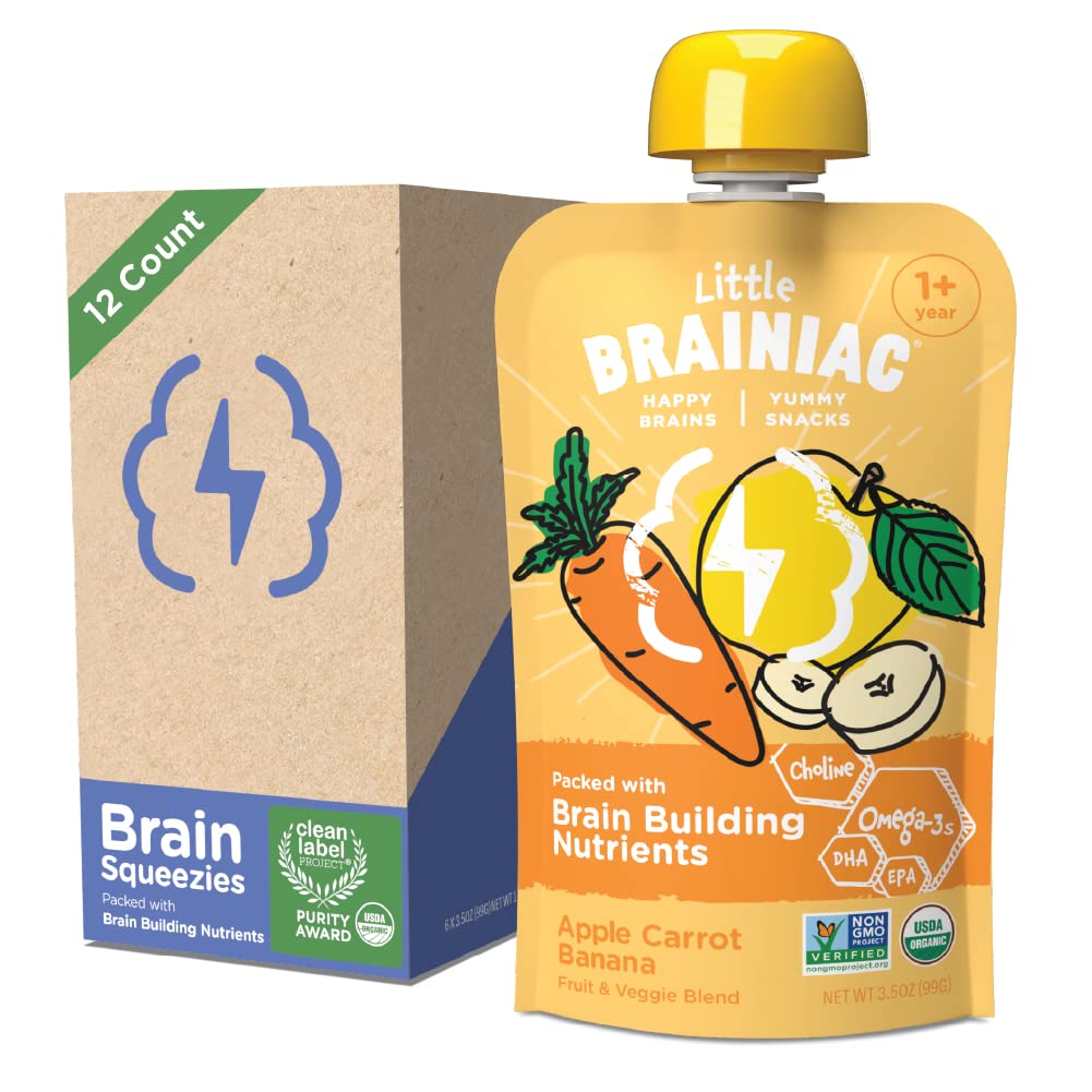 Little Brainiac Organic Fruit & Veggie Toddler Pouches, Apple, Carrot, Banana Puree with Omega-3s DHA/EPA and Choline, Clean Label, BPA-Free, Non-GMO, 3.5 oz, Pack of 12