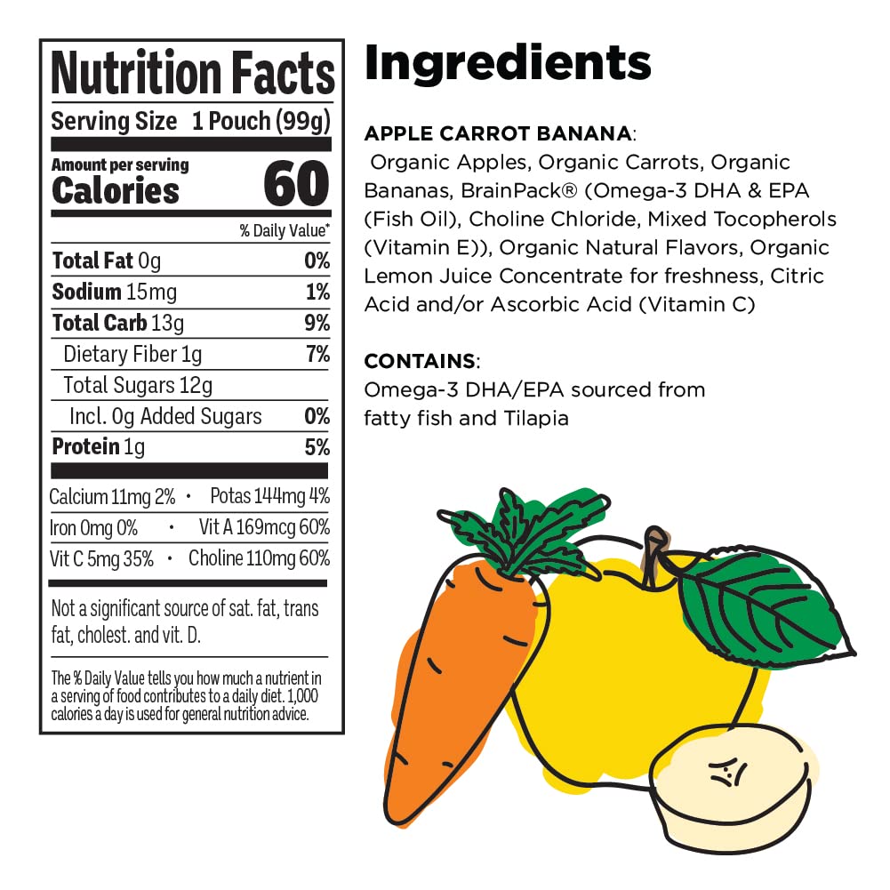 Little Brainiac Organic Fruit & Veggie Toddler Pouches, Apple, Carrot, Banana Puree with Omega-3s DHA/EPA and Choline, Clean Label, BPA-Free, Non-GMO, 3.5 oz, Pack of 12