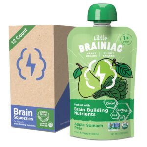 little brainiac organic fruit & veggie toddler pouches, apple, spinach, pear puree with omega-3s dha/epa and choline, clean label, bpa-free, non-gmo, 3.5 oz, pack of 12