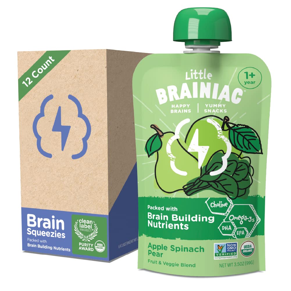 Little Brainiac Organic Fruit & Veggie Toddler Pouches, Apple, Spinach, Pear Puree with Omega-3s DHA/EPA and Choline, Clean Label, BPA-Free, Non-GMO, 3.5 oz, Pack of 12