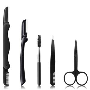 eyebrow razor, kajuda eyebrow kit, 5 in 1 eyebrow trimmer, eyebrow grooming set for women and men, including comb tweezers, scissors, brow razors, brush for eyebrow eyelash extensions