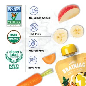 Little Brainiac Organic Fruit & Veggie Toddler Pouches, Apple, Carrot, Banana Puree with Omega-3s DHA/EPA and Choline, Clean Label, BPA-Free, Non-GMO, 3.5 oz, Pack of 12