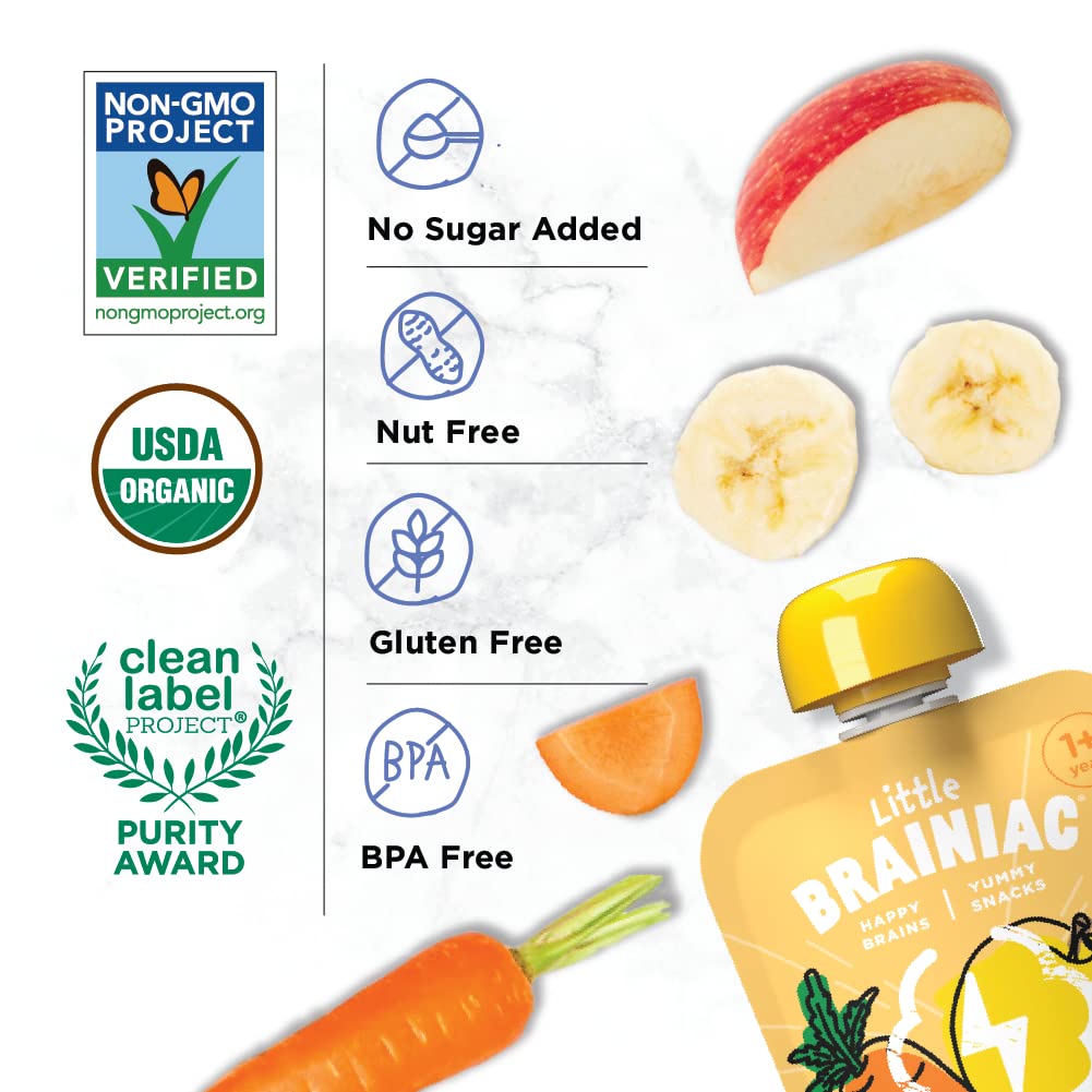 Little Brainiac Organic Fruit & Veggie Toddler Pouches, Apple, Carrot, Banana Puree with Omega-3s DHA/EPA and Choline, Clean Label, BPA-Free, Non-GMO, 3.5 oz, Pack of 12