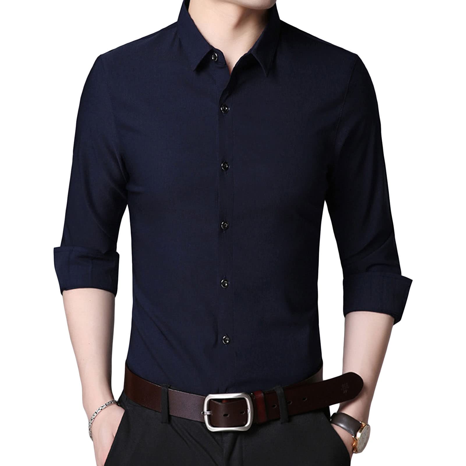 Men Lightweight Casual Classic Dress Shirt Regular Fit Button Down Shirts Solid Turn-Down Collar Long Sleeve Shirt (Dark Blue,175)