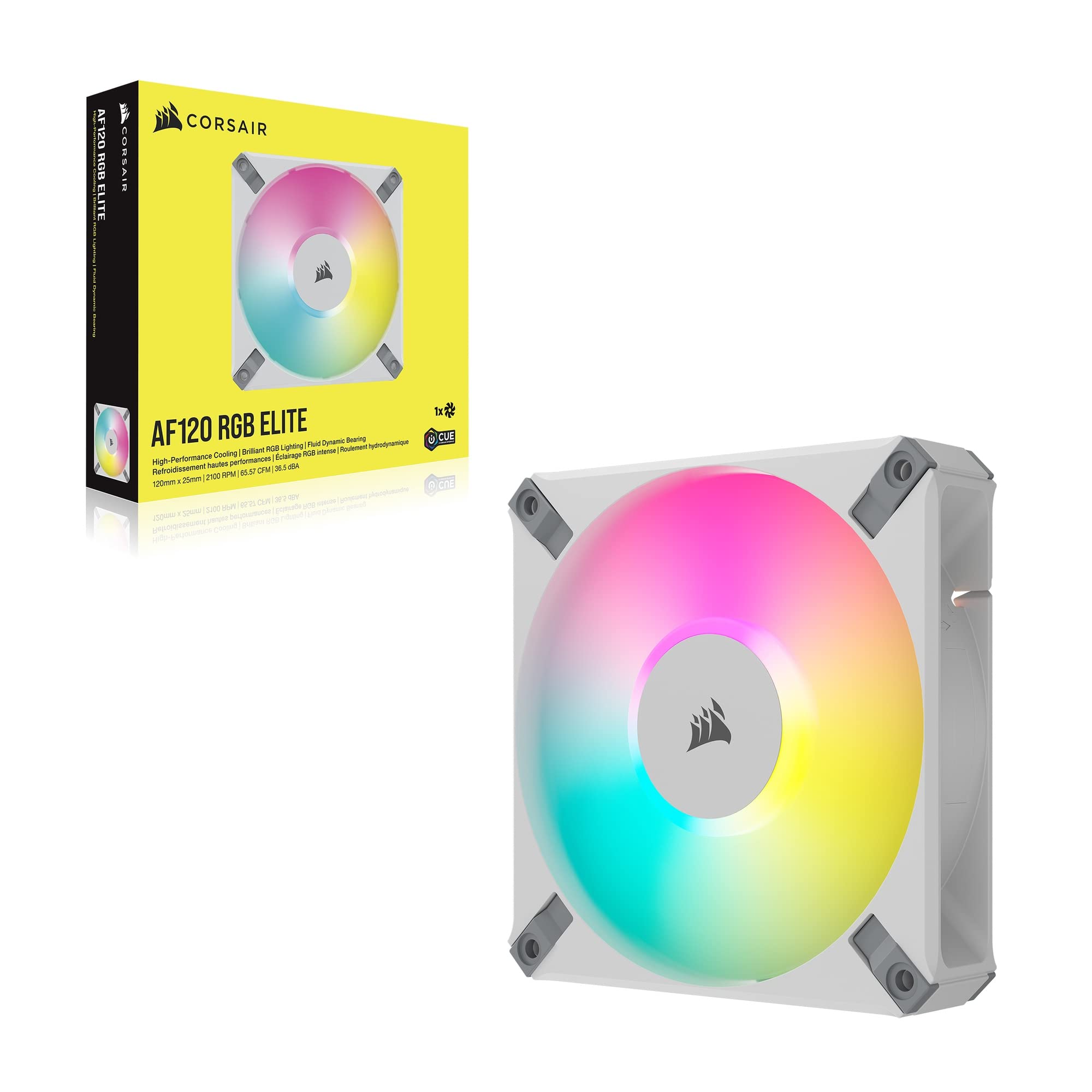 Corsair iCUE AF120 RGB Elite 120mm PWM Fan - Eight RGB LEDs - AirGuide Technology - Fluid Dynamic Bearing - Zero RPM Fan Mode - CORSAIR iCUE Software Compatible - White