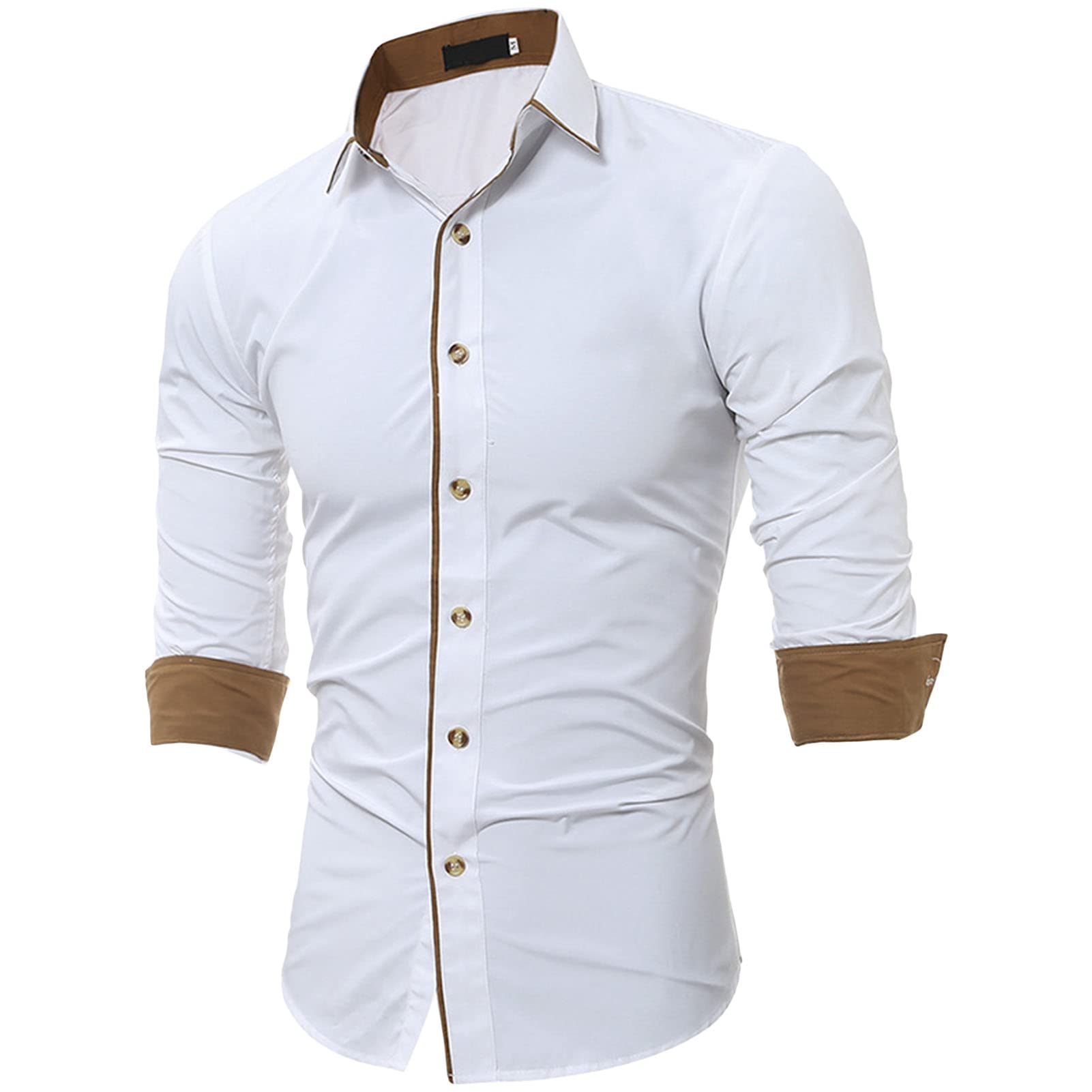 Men's Business Long Sleeve Dress Shirt Stylish Slim Fit Button Up Shirts Solid Lightweight Turn-Down Collar Shirt (White,Large)