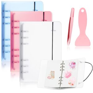 3 packs sticker collecting album 120 sheets reusable sticker book with spatula sticker collection accessories activity sticker album for collecting stickers, labels, a6 (pink, blue, clear)