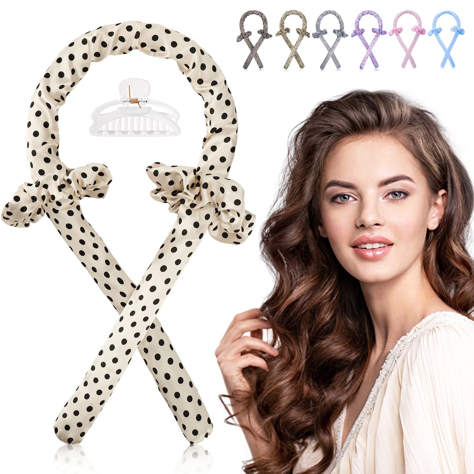 Heatless Curling Rod Headband, IENIN No Heat Curlers Hair Rollers to Sleep in Curl Ribbon with Scrunchies Hair Clips Overnight Hair Curlers for Women Long Hair Styling Tools(Beige)