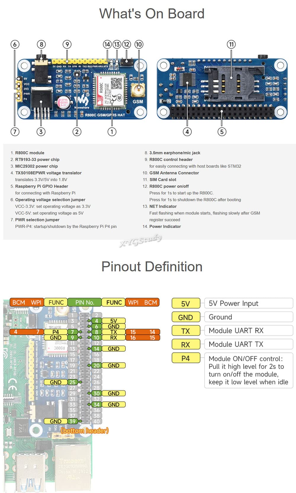 R800C GSM/GPRS HAT for Raspberry Pi and Jetson Nano Supports 2G Communication Phone Call and SMS GPRS with UART Interface @XYGStudy