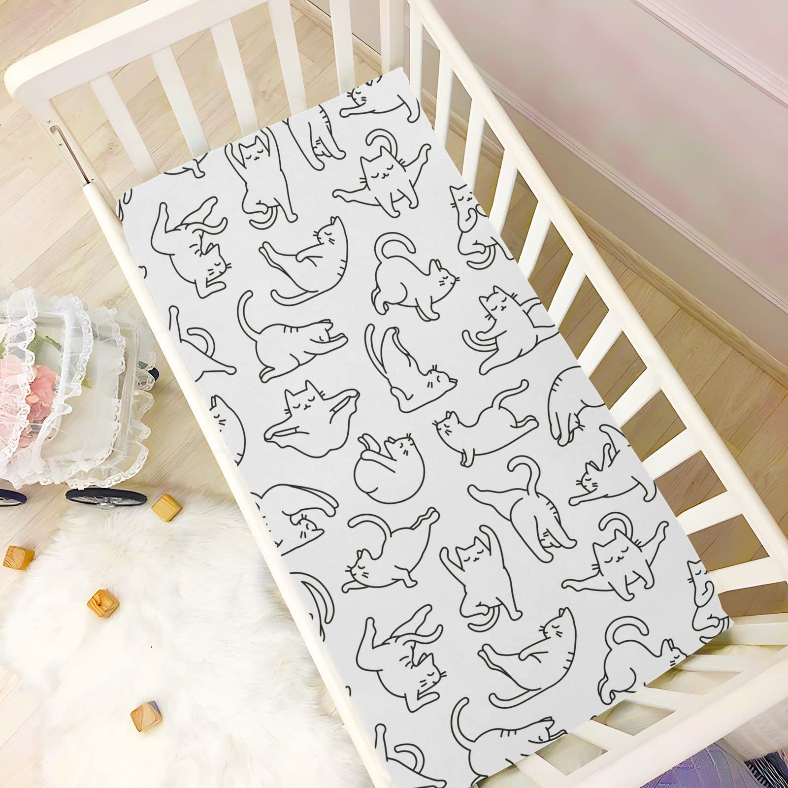 Soft Baby Boy Fitted Crib Sheets for Baby Girl Cartoon Cats Standard Crib Sheets Portable Mini Bassinets Sheets