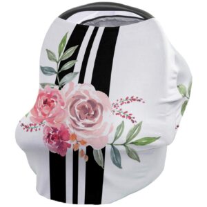 baby nursing cover carseat canopy spring watercolor blossom pink flowers breathable privacy breastfeeding scarf white and black stripe multi use car seat covers for boys or girls