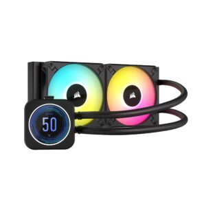 corsair icue h100i elite lcd xt liquid cpu cooler - ips lcd screen - two af120 rgb elite fans - 240mm radiator - fits intel® lga 1700, amd® am5, and more - included icue commander core - black