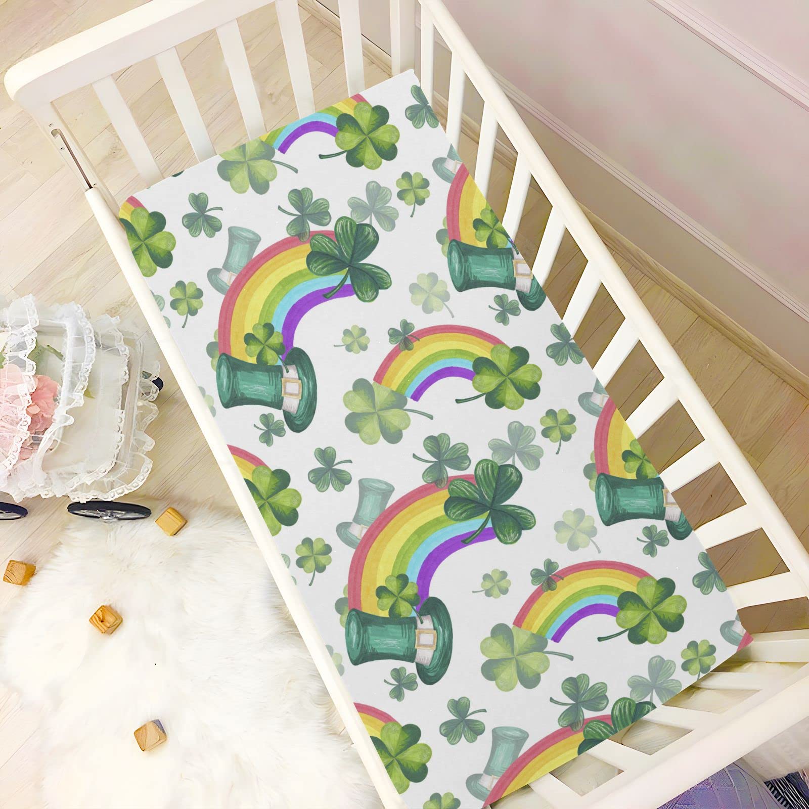 St Patrick's Day Shamrock Baby Crib Sheets Soft Toddler Bed Sheets Breathable Mattress Cover Toddler Sheets for All Seasons Toddler Boys Bed Mattress, 52 * 28 * 9in