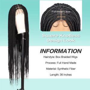 Humistwbiu Braided Wigs for African American Women Full Double Lace Front Square Knotless Box Braid Wig with Baby Hair Japan-made Lightweight Synthetic Black Hand Braided Wigs 36 Inch (1B)