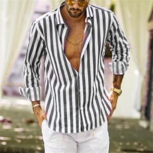 Men Casual Striped Button Down Shirts Long Sleeve Slim Fit Beach Shirt Fall Regular Fit Business Dress Shirt Top (Grey,Medium)