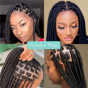 Humistwbiu Braided Wigs for African American Women Full Double Lace Front Square Knotless Box Braid Wig with Baby Hair Japan-made Lightweight Synthetic Black Hand Braided Wigs 36 Inch (1B)