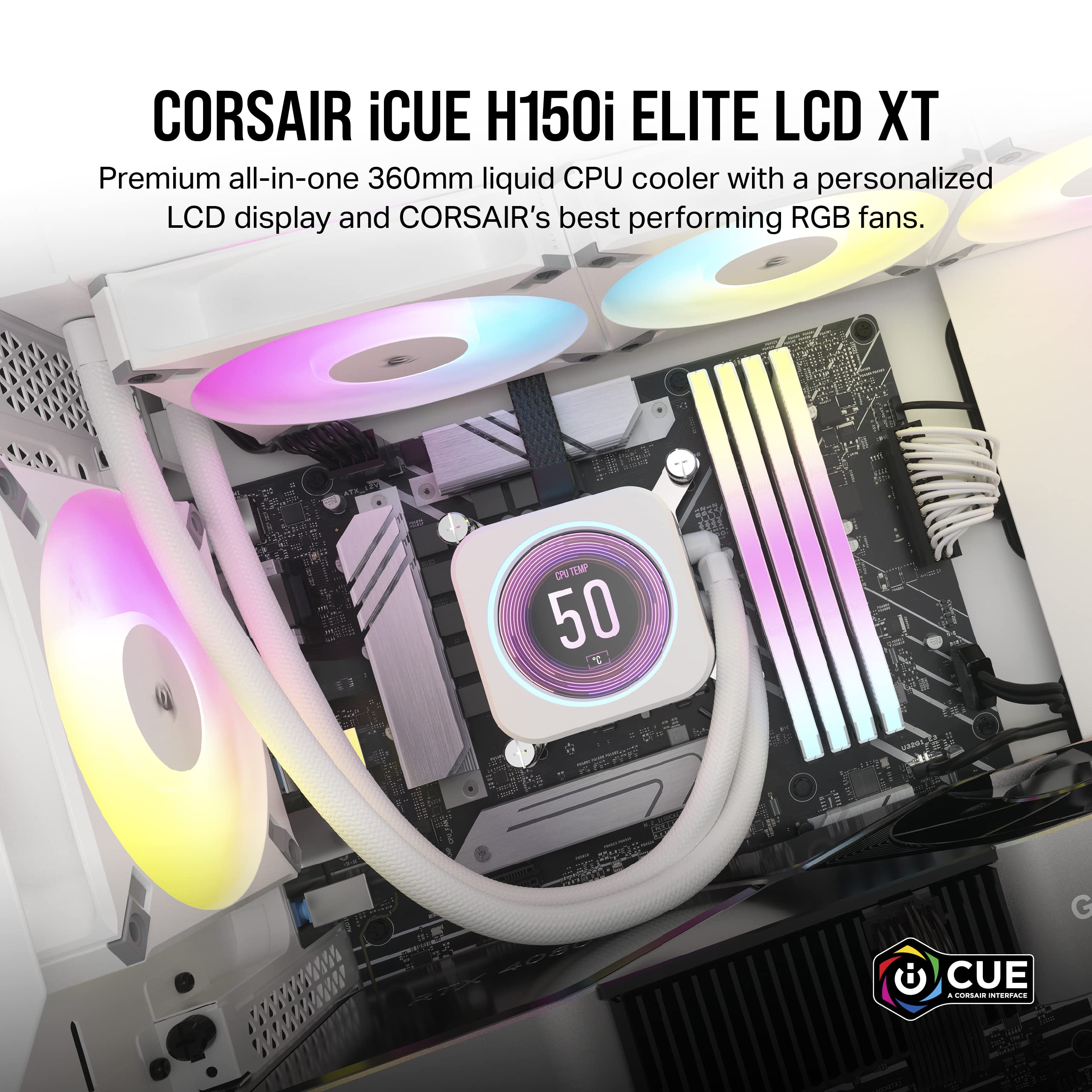 Corsair iCUE H150i Elite LCD XT Liquid CPU Cooler - IPS LCD Screen - Three AF120 RGB Elite Fans-360mm Radiator - Fits Intel® LGA 1700, AMD® AM5, & More - Included iCUE Commander CORE -White, 12 Volts